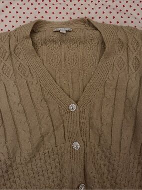 Cable Knit V-Neck Cardigan Sweater in Beige